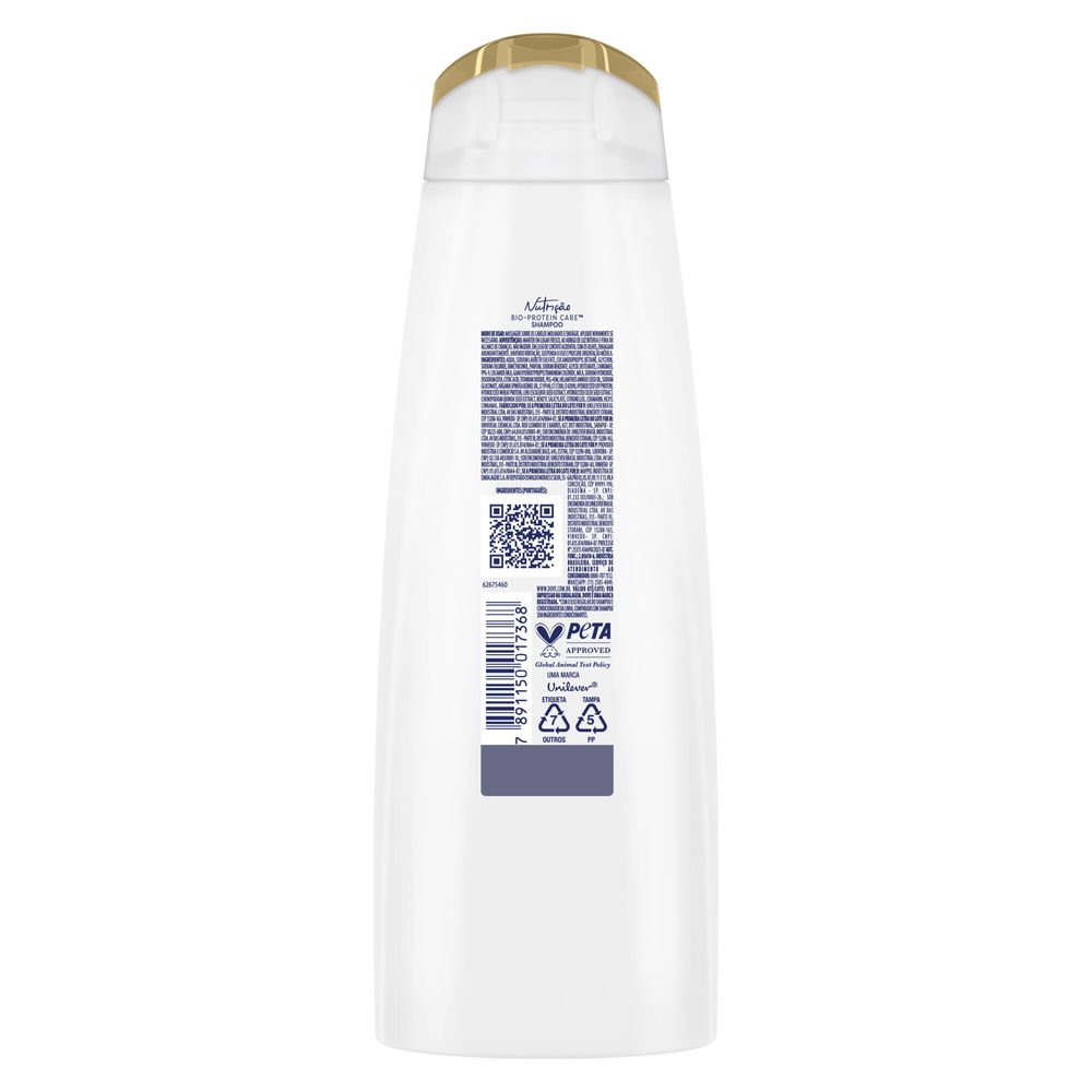 Verso do frasco com informações e selo PETA do Shampoo Dove Nutrição