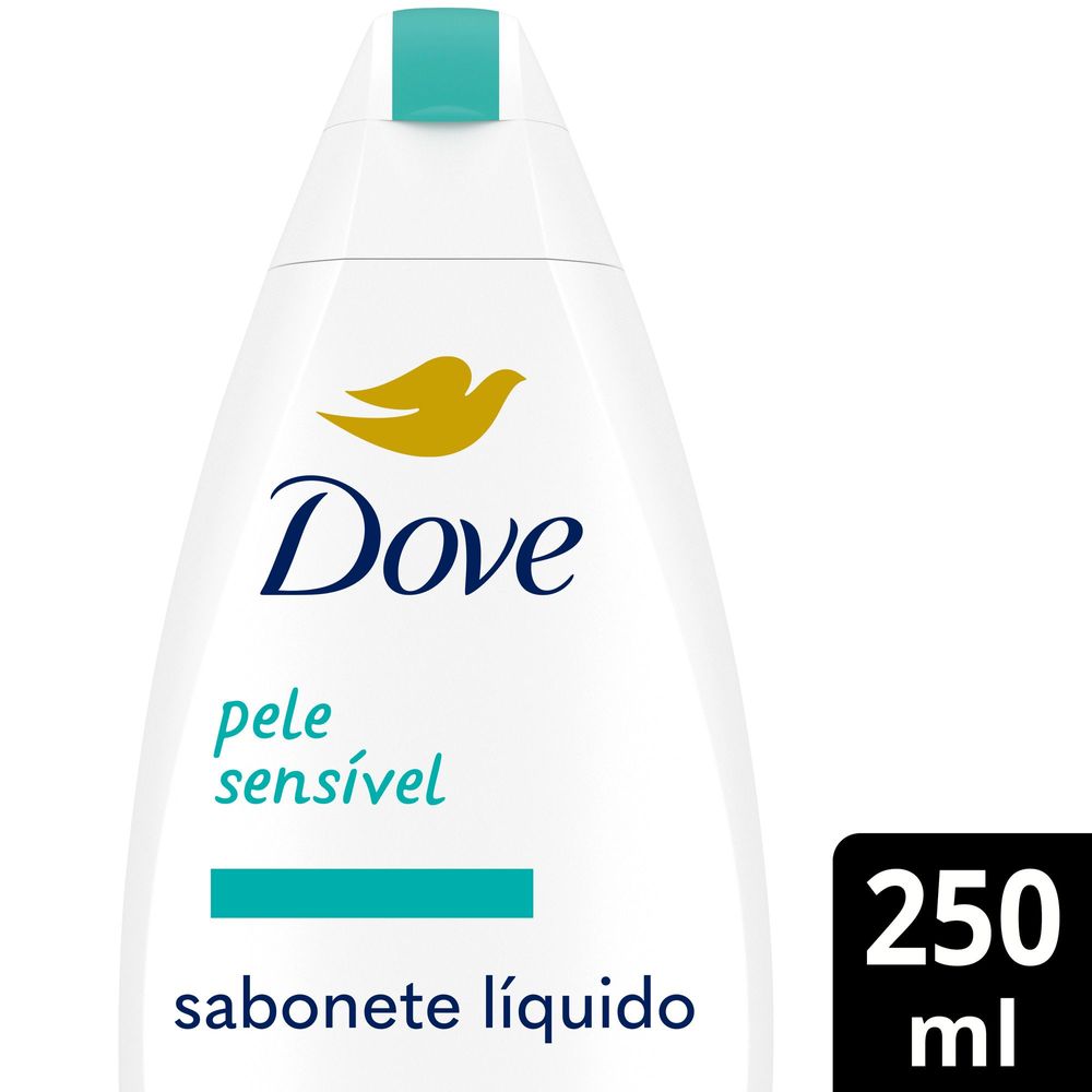 Frente do sabonete líquido Dove Pele Sensível 250 ml, embalagem branca com tampa azul-turquesa e indicação de pele sensível