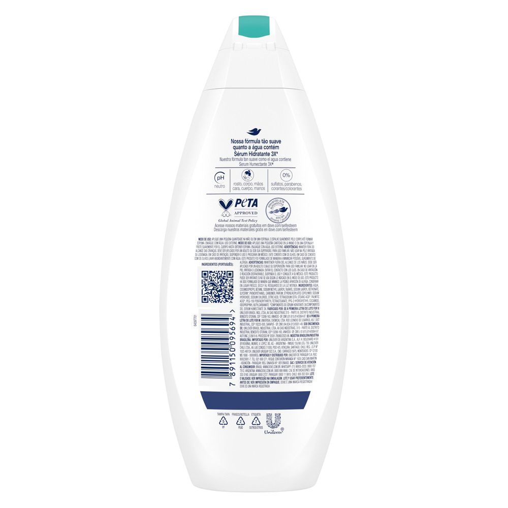 Verso do sabonete Dove Pele Sensível 250 ml com informação de fórmula e ingredientes