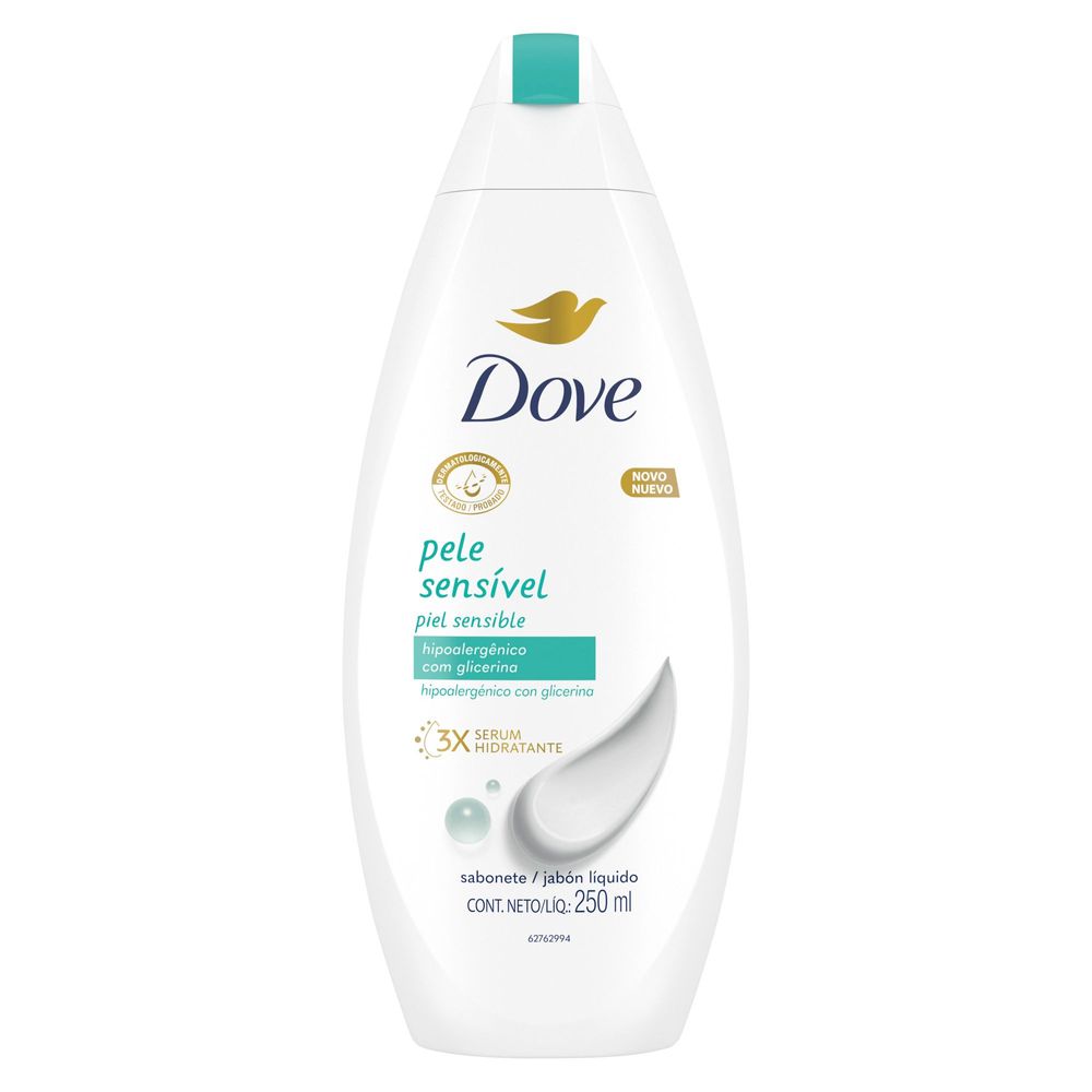 Embalagem destaque Dove Pele Sensível 250 ml com selo dermatologicamente testado e indicação sem sulfatos