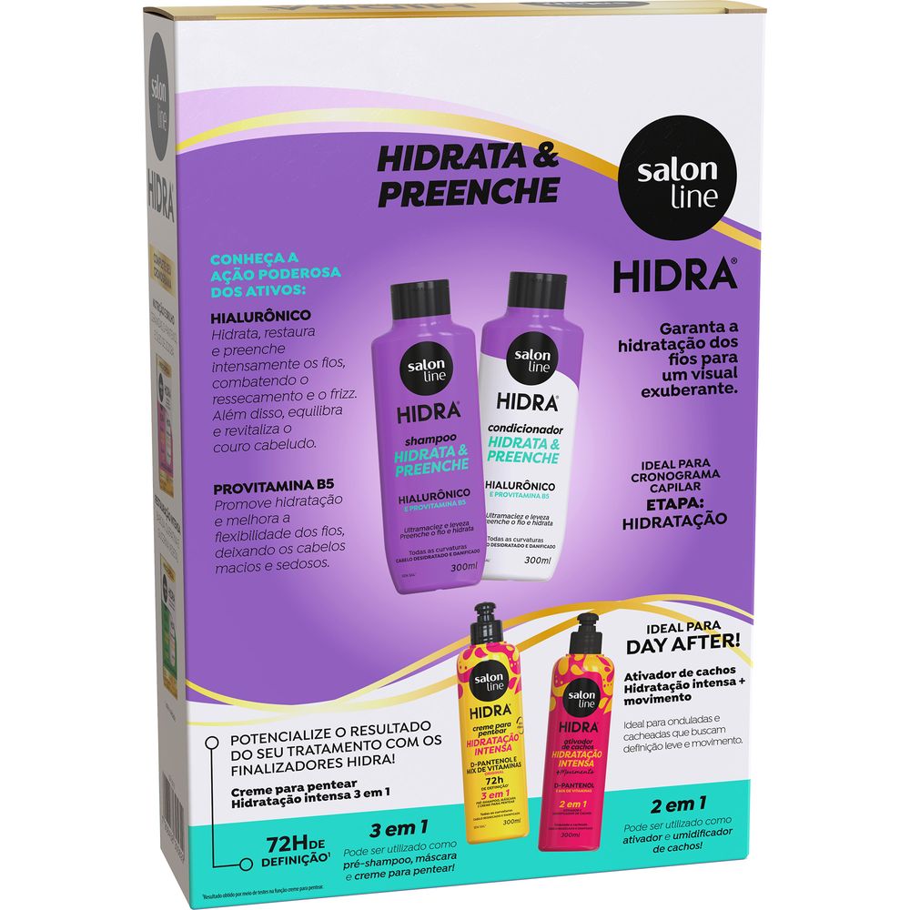 Verso da embalagem com informações sobre ativos e benefícios do Kit Hidra Hialurônico