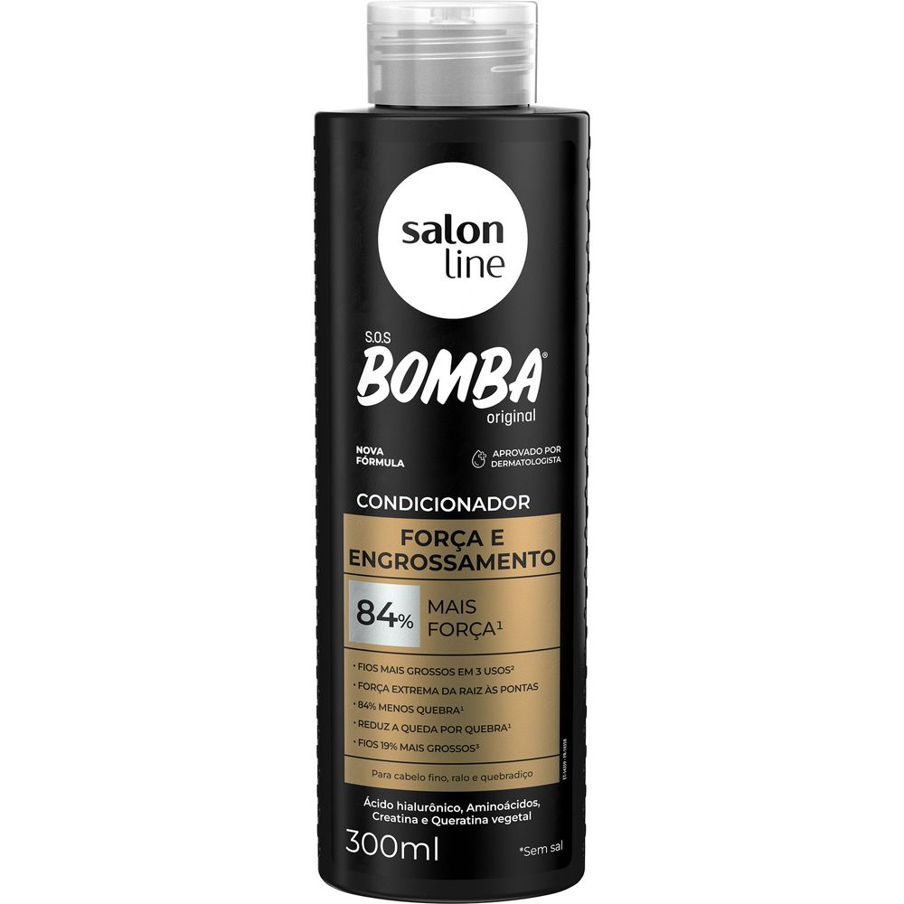 Detalhe do rótulo com ingredientes ativos e promessa de força e engrossamento