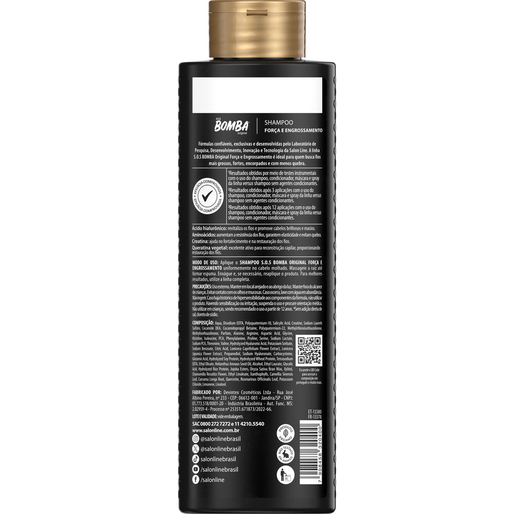 Verso da embalagem com fórmula e modo de uso do Shampoo Salon Line SOS Bomba 300ml