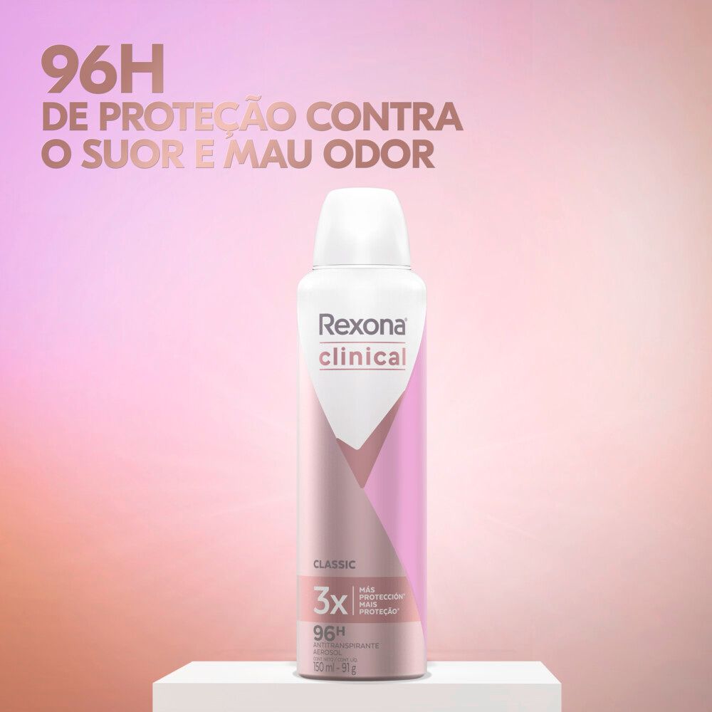 Desodorante Aerosol Rexona Clinical Clássico em pedestal com destaque de 96H