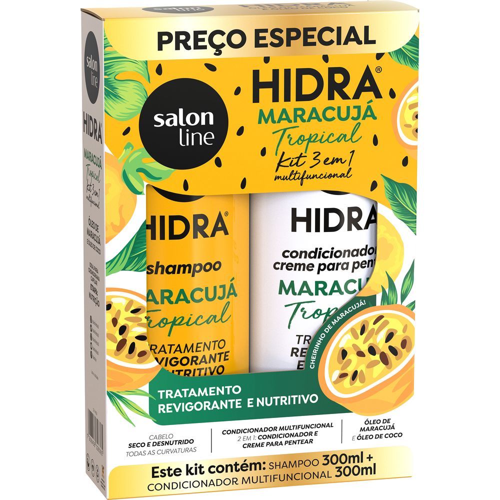 Embalagem frontal do Kit Salon Line Hidra Maracujá mostrando shampoo e condicionador 300ml