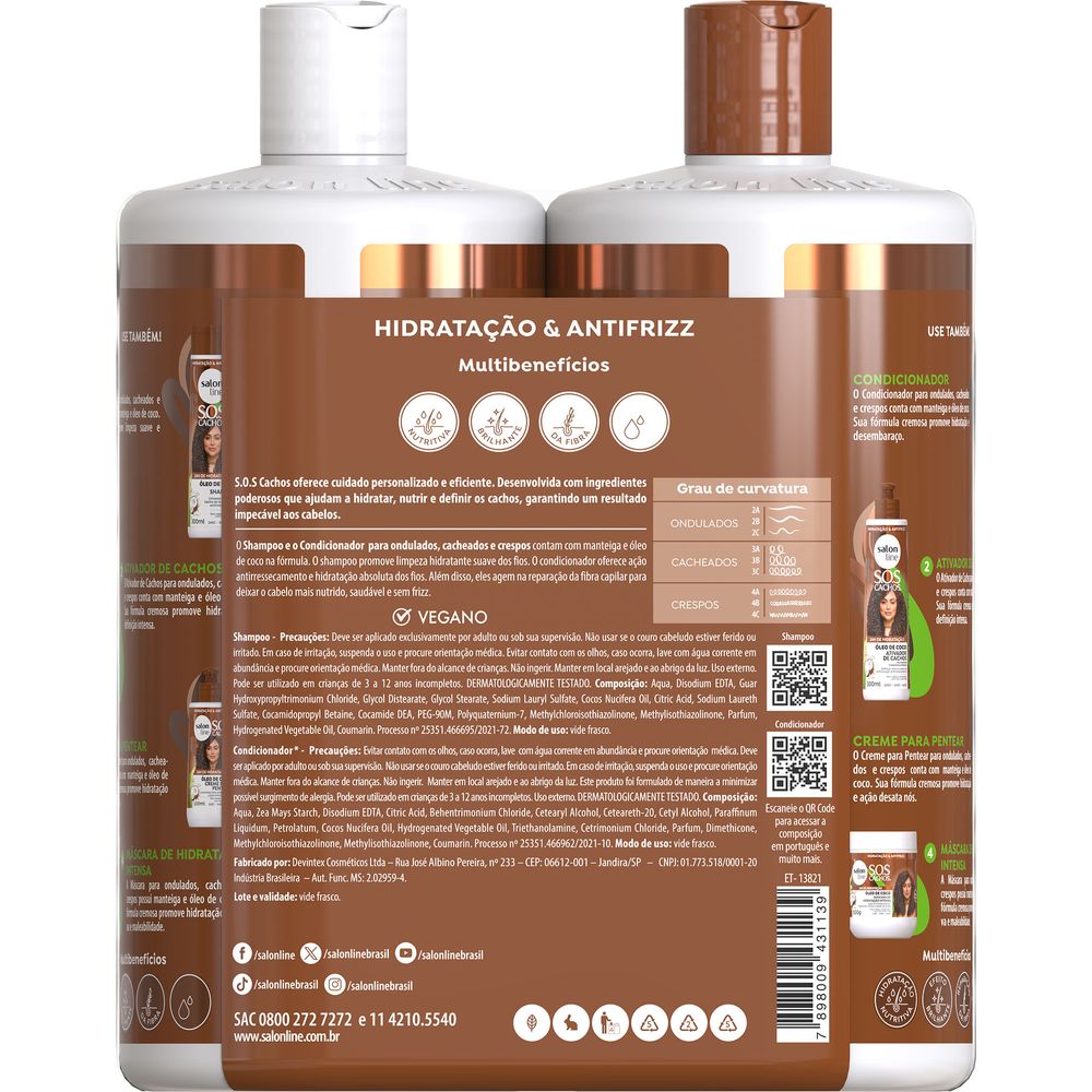 Verso do kit SOS Cachos Salon Line com informações de composição e modo de uso